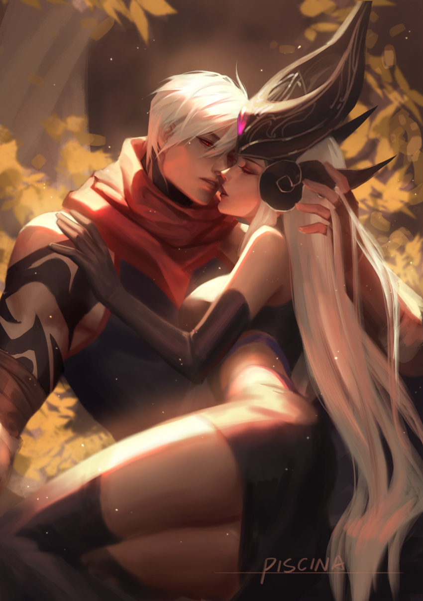 1boy, 1girl, absurdres, arm_tattoo, artist_name, ass, black_gloves, black_headwear