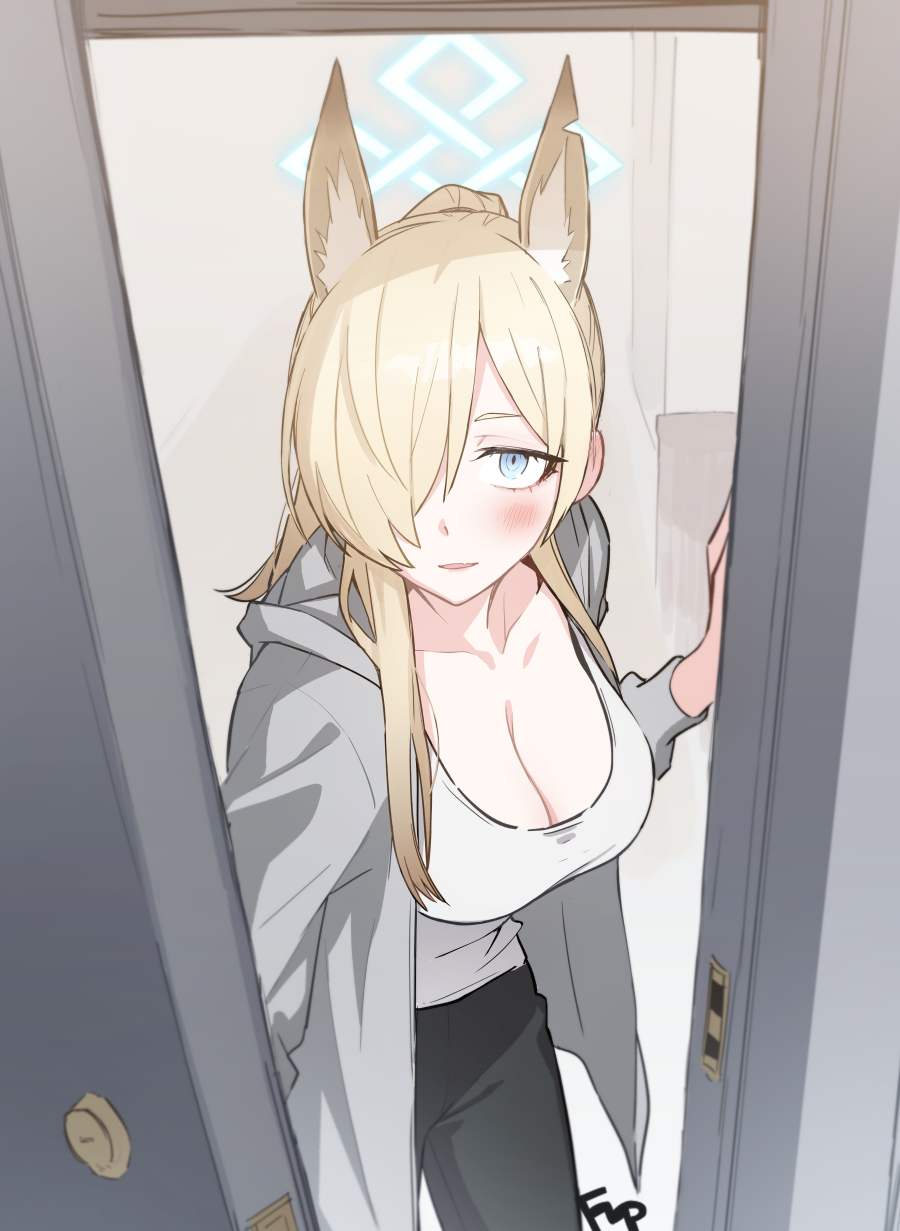 1girl, :d, alternate_costume, animal_ear_fluff, animal_ears, black_pants, blonde_hair, blue_archive