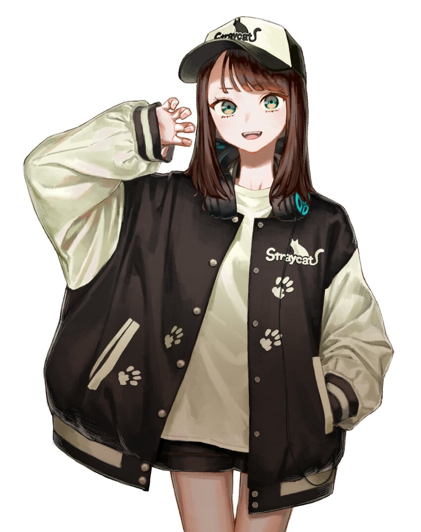 1girl, absurdres, baseball_cap, black_shorts, brown_hair, claw_pose, green_eyes, hand_in_pocket