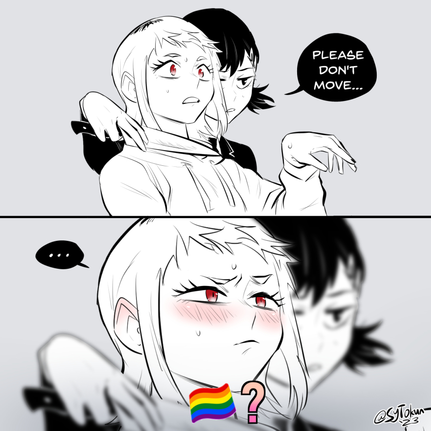 ..., 2girls, black_hair, black_jacket, blade_to_throat, blush, chainsaw_man, english_text, hair_ornament, hairclip, higashiyama_kobeni, highres, holding, holding_knife, hood, hoodie, jacket, kitchen_knife, knife, meme, multicolored_hair, multiple_girls, pride_flag_question_mark_(meme), rainbow_flag, red_eyes, sawatari_akane_(chainsaw_man), speech_bubble, sweatdrop, sytokun, two-tone_hair