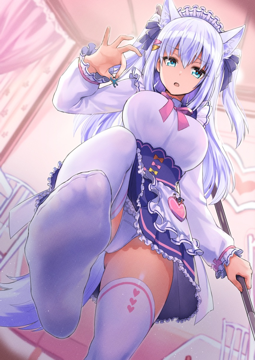 1girl, absurdres, animal_ear_fluff, animal_ears, apron, black_ribbon, blue_eyes, blue_skirt, breasts, cat_ears, cat_girl, cat_tail, commentary_request, commission, feet, fingernails, foot_out_of_frame, foreshortening, frilled_apron, frilled_skirt, frilled_sleeves, frills, from_below, giant, giantess, gluteal_fold, hair_between_eyes, hair_ornament, heart, heart_hair_ornament, heart_print, highres, indoors, large_breasts, legs, long_hair, long_sleeves, looking_at_another, maid, maid_apron, maid_headdress, making-of_available, mini_person, miniboy, no_shoes, noripro, open_mouth, panties, pantyshot, petticoat, pink_ribbon, ribbon, ribbon-trimmed_sleeves, ribbon_trim, sahara1127, shirayuki_mishiro, shirt, sidelocks, skeb_commission, skirt, soles, solo_focus, tail, thighhighs, thighs, toes, two_side_up, underwear, very_long_hair, virtual_youtuber, white_apron, white_hair, white_panties, white_shirt, white_tail, white_thighhighs, zettai_ryouiki