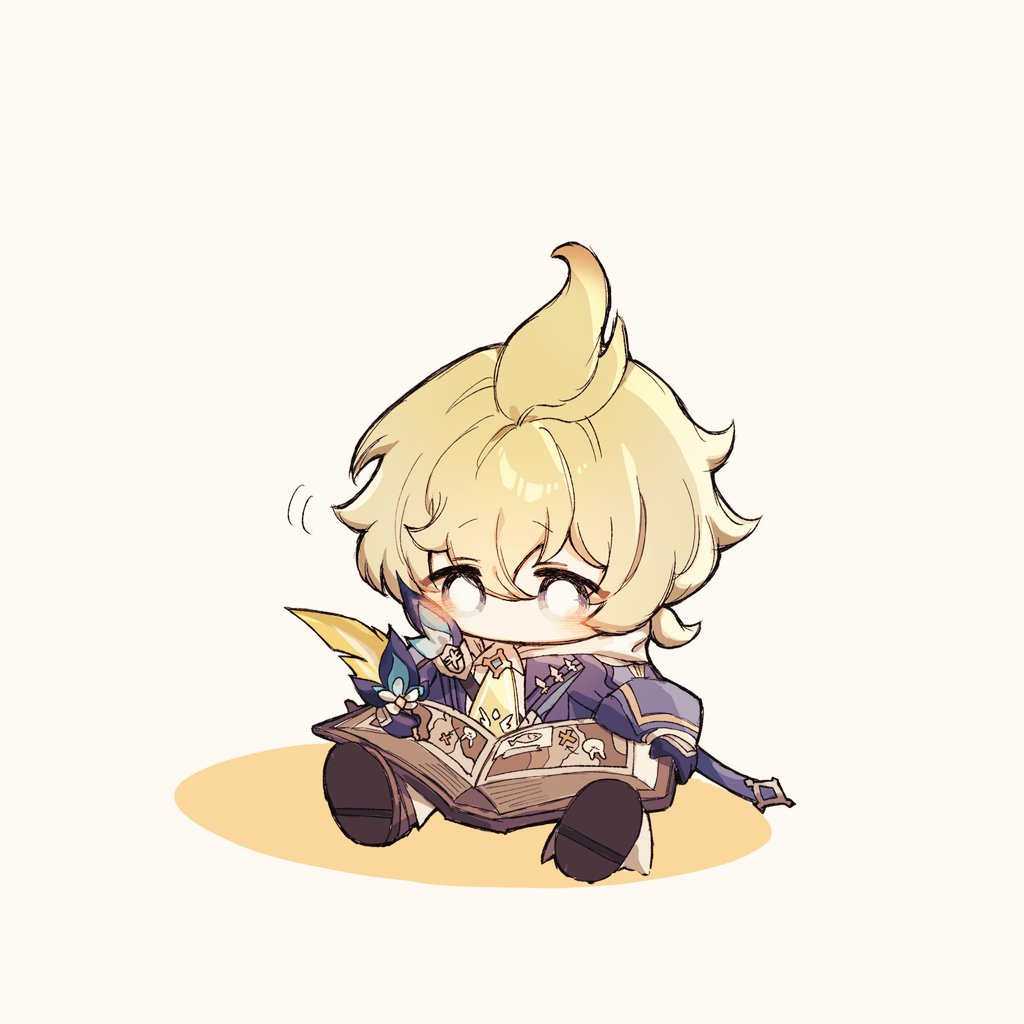 1boy, blonde_hair, blue_jacket, book, chibi, do9_8ni8, genshin_impact, hood