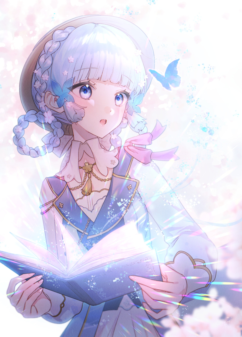 1girl, absurdres, ayaka_(genshin_impact), blue_butterfly, blue_eyes, blue_hair, blush, book, brown_hat, bug, butterfly, butterfly_hair_ornament, collar, dress, genshin_impact, hair_ornament, hair_up, hat, highres, holding, holding_book, insect, kamisato_ayaka, kamisato_ayaka_(springbloom_missive), light_blue_hair, long_hair, long_sleeves, multicolored_dress, nogikawa, official_alternate_costume, official_alternate_hairstyle, open_book, puffy_long_sleeves, puffy_sleeves, solo, spring_(season), sunlight, white_collar