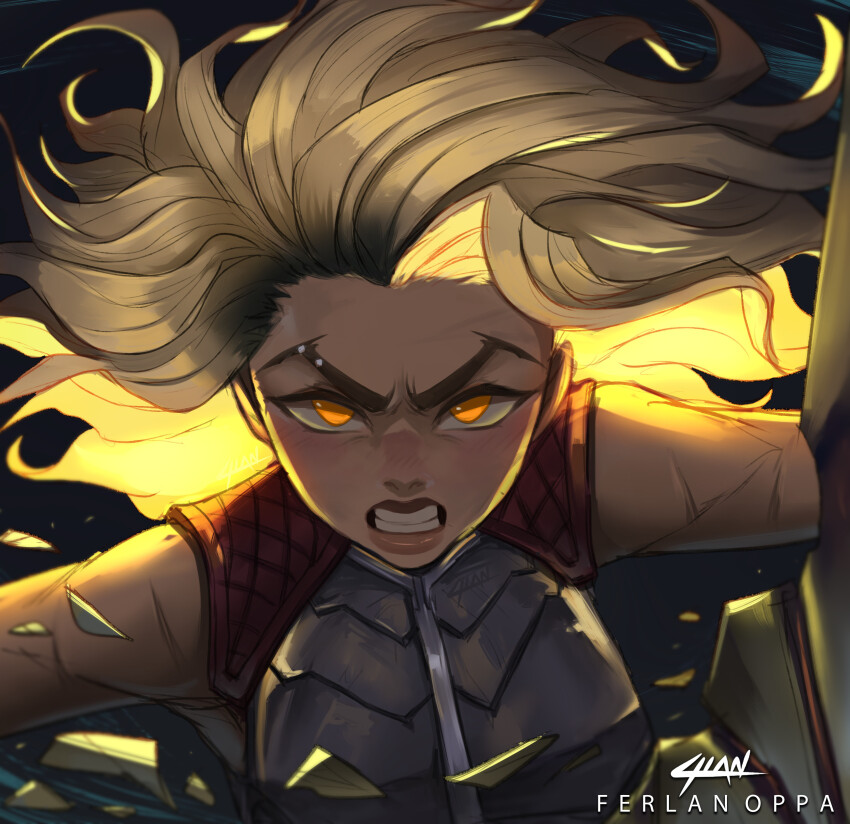 1girl, absurdres, armor, artist_name, blonde_hair, clenched_teeth, ferlanoppa, glowing, glowing_hair, highres, league_of_legends, long_hair, looking_at_viewer, piercing, rell_(league_of_legends), scar, scar_on_arm, solo, teeth, upper_body, yellow_eyes