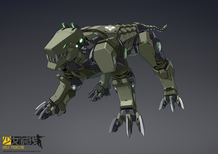 claws, commentary, company_name, copyright_name, copyright_notice, english_commentary, girls'_frontline, glowing, glowing_eyes, green_eyes, grey_background, highres, kcco_(girls'_frontline), logo, mechanical_tail, military, negasw, no_humans, non-humanoid_robot, official_art, orthrus_(girls'_frontline), robot, robot_animal, sharp_teeth, simple_background, tail, teeth