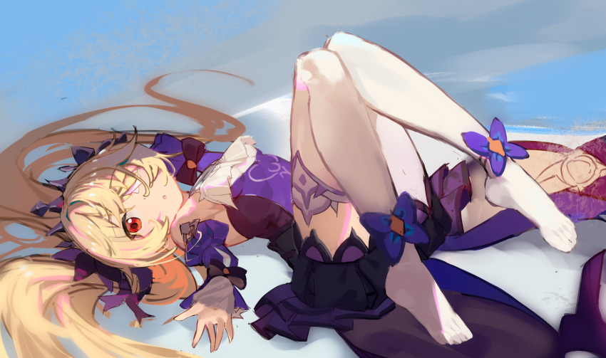 1girl, absurdres, alternate_eye_color, bare_shoulders, blonde_hair, blush, bow, breasts, choker, dress, eyepatch, fischl_(ein_immernachtstraum)_(genshin_impact), fischl_(genshin_impact), float-dian, frills, gem, genshin_impact, hair_over_one_eye, hair_ribbon, highres, jewelry, long_hair, long_sleeves, looking_at_viewer, lying, medium_breasts, official_alternate_costume, official_alternate_eye_color, on_back, on_floor, open_mouth, pantyhose, purple_bow, purple_choker, purple_dress, purple_gem, purple_ribbon, purple_sleeves, red_eyes, ribbon, simple_background, single_leg_pantyhose, single_thighhigh, solo, thighhighs, tiara, white_pantyhose, white_thighhighs