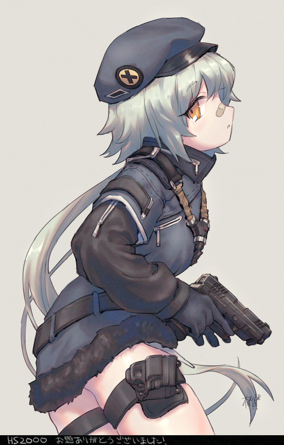 1girl, arigatoner, bandaid, bandaid_on_face, bandaid_on_nose, beret, black_gloves, character_name