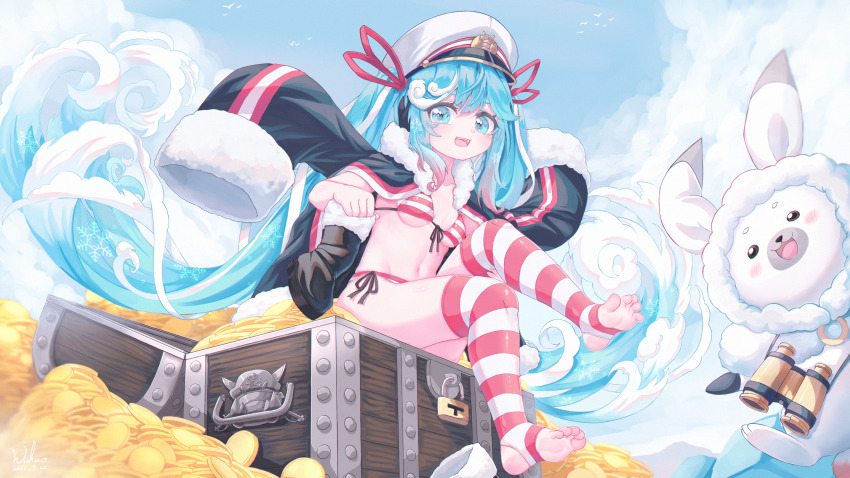 1girl, :d, absurdres, aqua_eyes, aqua_hair, bikini, binoculars, blue_sky
