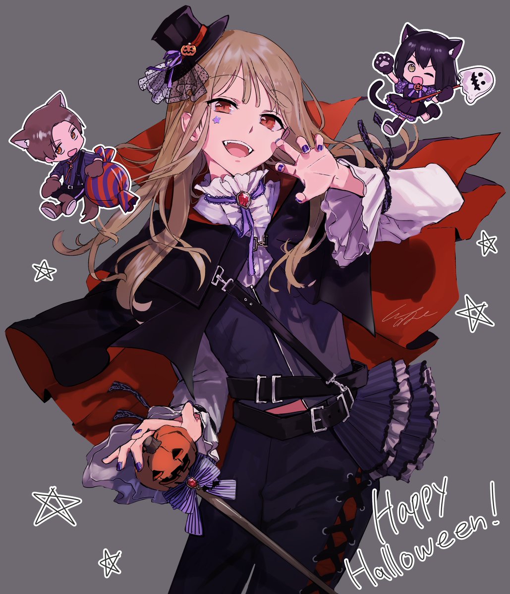 1girl, 2boys, androgynous, aoi_saki_(senpai_wa_otokonoko), ascot, black_cape, black_hair, black_headwear