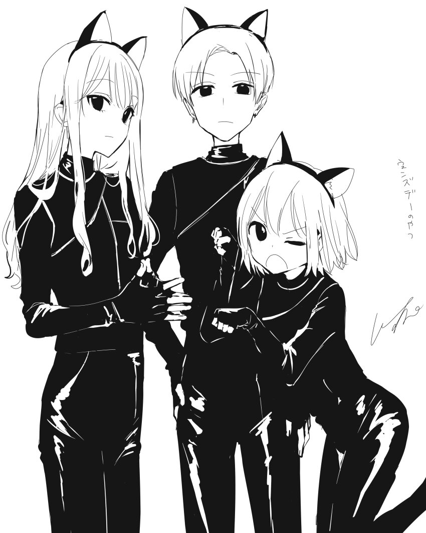 1girl, 2boys, absurdres, the_addams_family, androgynous, animal_ears, aoi_saki_(senpai_wa_otokonoko), cat_ears, cosplay, earrings, elbow_gloves, fingerless_gloves, gloves, hanaoka_makoto, highres, jewelry, long_hair, long_sleeves, looking_at_viewer, male_focus, medium_hair, monochrome, multiple_boys, open_mouth, pomu_(joynet), senpai_wa_otokonoko, taiga_ryuuji, trap, wednesday_(netflix), wednesday_addams_(cosplay)