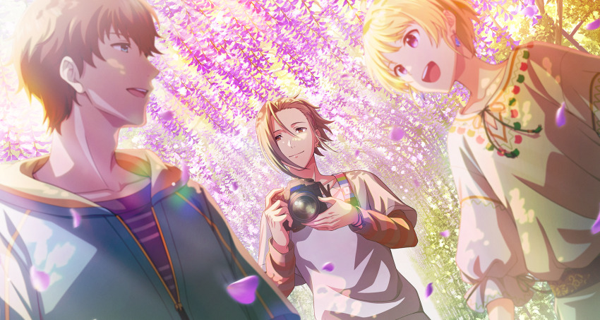 3boys, beit_(idolmaster), blonde_hair, blue_eyes, brown_eyes, camera, cherry_blossoms, earrings