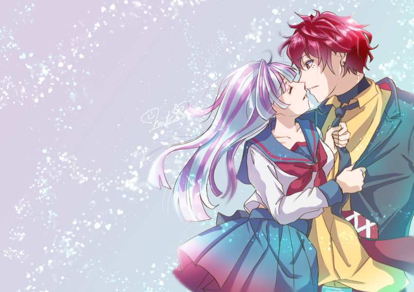 1boy, 1girl, akamura_shouma, black_jacket, black_necktie, blue_serafuku, closed_eyes, clothes_grab