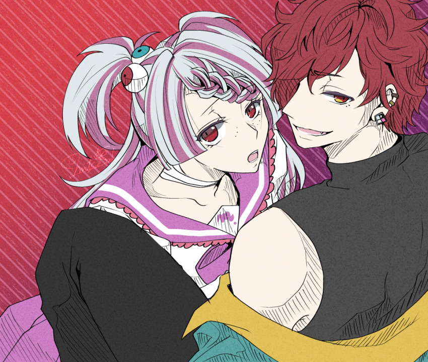 1boy, 1girl, akamura_shouma, black_shirt, eyeball_hair_ornament, freckles, hetero, komiya_chie