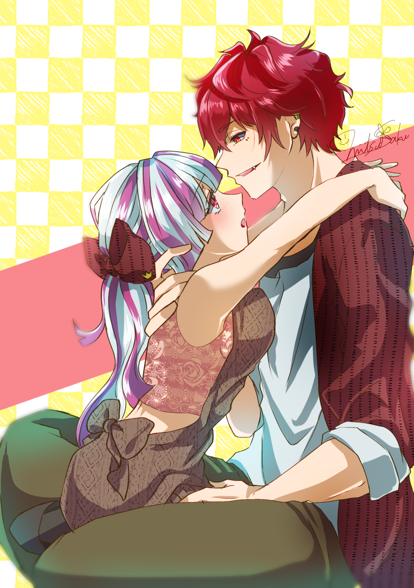 1boy, 1girl, akamura_shouma, ear_piercing, earrings, fang, hetero, jewelry, komiya_chie, looking_at_another, mitsuki_capsule, multicolored_hair, multiple_earrings, ookami_game_(studio_wasabi), open_mouth, piercing, pink_eyes, pink_hair, red_eyes, red_hair, signature, teeth, white_hair