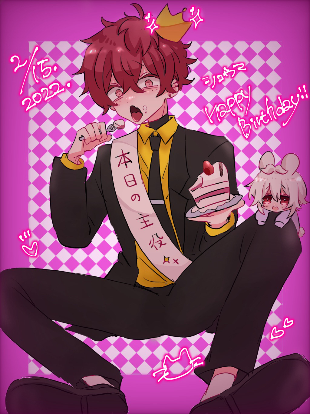 2boys, aida_yuuya, akamura_shouma, animal_ears, black_jacket, black_necktie, black_pants, blush