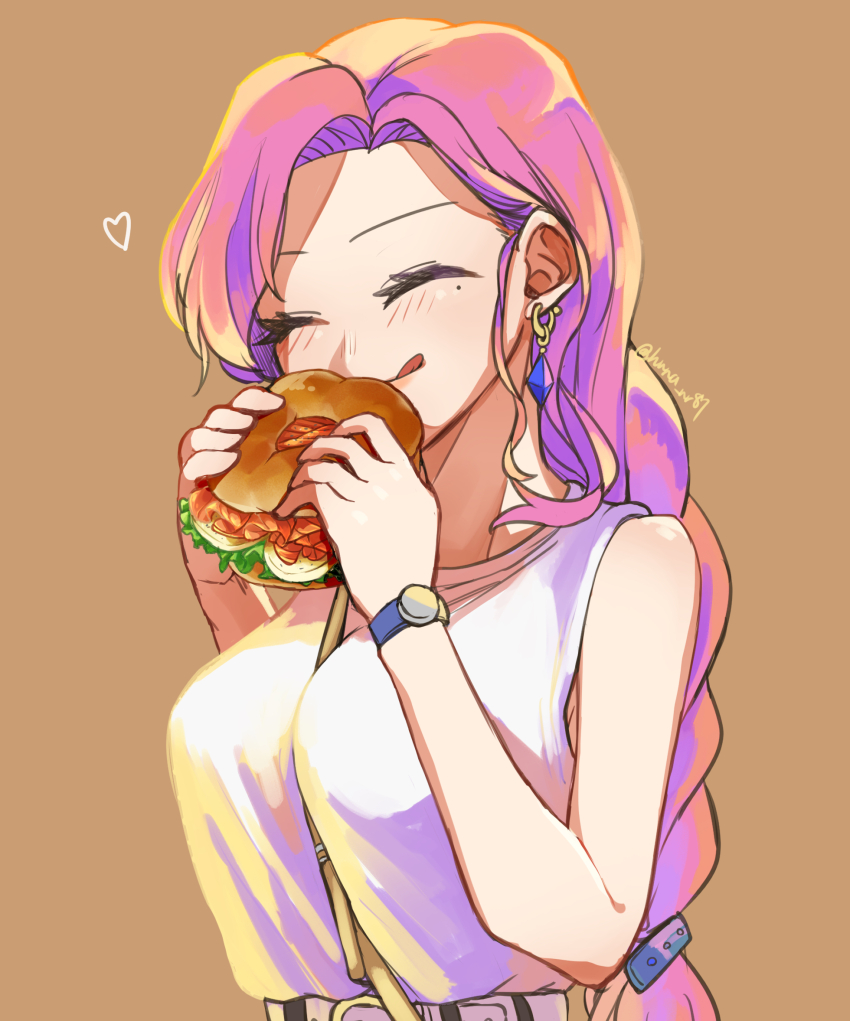 1girl, blush, braid, burger, closed_eyes, closed_mouth, earrings, food