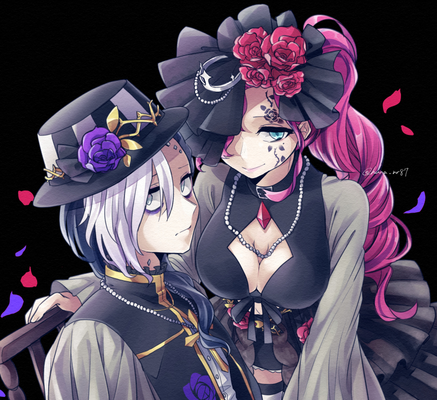 1boy, 1girl, black_background, black_dress, black_hair, black_vest, blue_eyes, cleavage_cutout