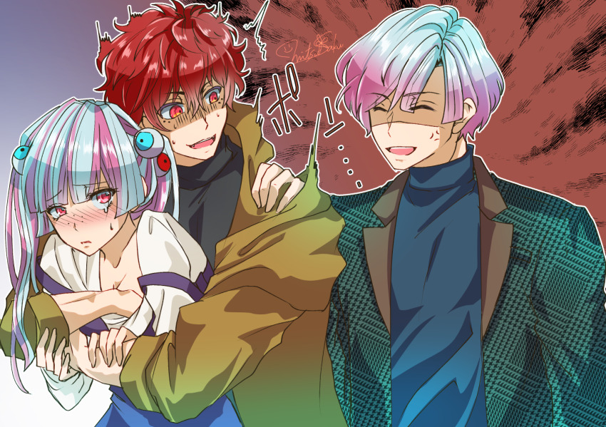 1girl, 2boys, akamura_shouma, anger_vein, brother_and_sister, closed_eyes, crying, crying_with_eyes_open