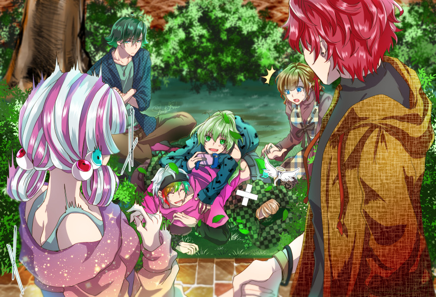 3girls, 4boys, akamura_shouma, blonde_hair, blue_eyes, brown_hair, closed_eyes, eyeball_hair_ornament