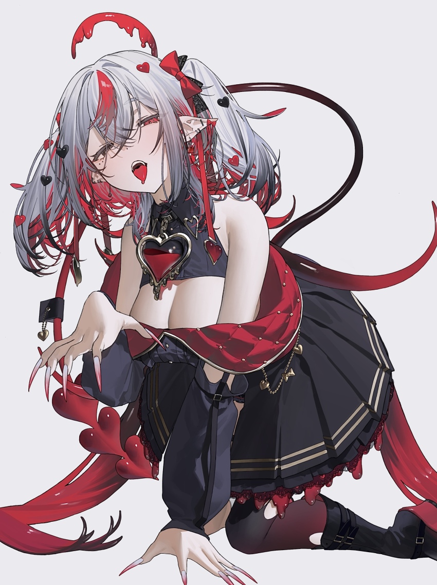 1girl, absurdres, all_fours, bare_shoulders, black_boots, black_dress, blood, blood_halo, blood_on_clothes, bochi_mumumu, boots, bow, breasts, claw_pose, claws, cleavage, cleavage_cutout, clothing_cutout, demon_girl, demon_tail, detached_sleeves, dress, ear_piercing, earrings, fingernails, frills, grey_hair, hair_between_eyes, hair_bow, hair_ornament, halo, heart, heart_hair_ornament, heart_necklace, heterochromia, highres, jacket, jewelry, kaoruko_(unkrk55), kneeling, large_breasts, liquid_halo, long_fingernails, long_hair, long_sleeves, looking_at_viewer, multicolored_hair, nail_polish, naughty_face, necklace, off_shoulder, open_mouth, pantyhose, piercing, pointy_ears, red_eyes, red_hair, red_halo, red_nails, sharp_fingernails, simple_background, single_leg_pantyhose, solo, streaked_hair, tail, teeth, thighhighs, tongue, tongue_out, torn_clothes, torn_pantyhose, twintails, two-tone_hair, villusion, virtual_youtuber, white_background