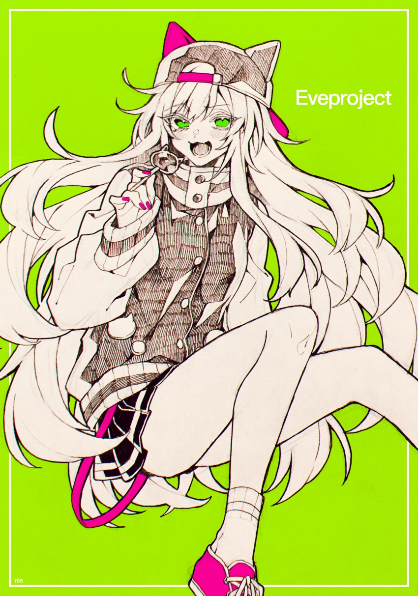 1girl, absurdres, animal_ears, animal_hat, blush, fake_animal_ears, full_body, green_background