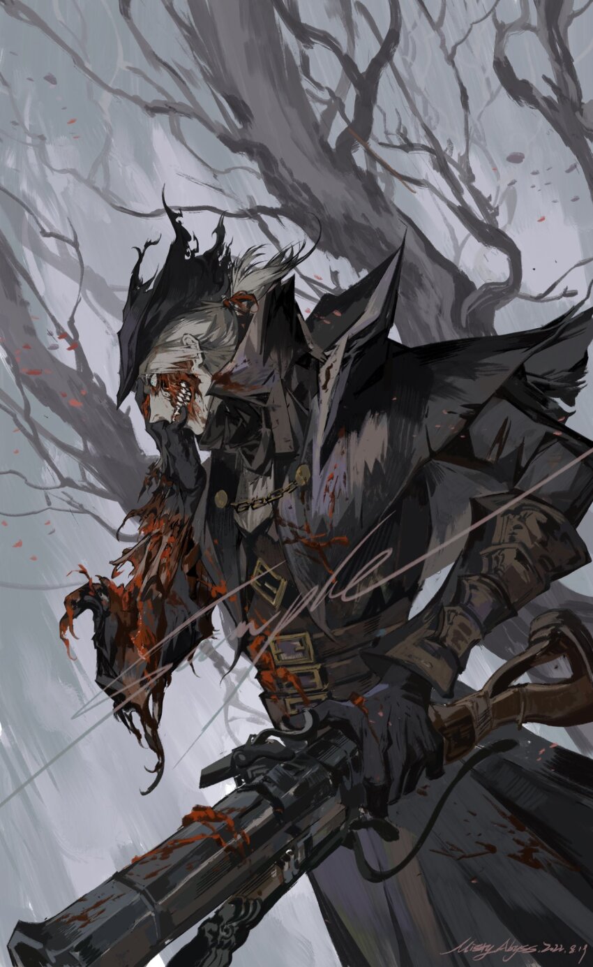 1boy, black_gloves, black_hat, blood, blood_on_clothes, blood_on_face, blood_splatter, bloodborne, brown_vest, coat, decapitation, disfigured, fog, gloves, gun, hat, highres, holding, holding_gun, holding_weapon, hunter_(bloodborne), mistyabyss, outdoors, sample_watermark, signature, solo, torn_clothes, torn_hat, tree, tricorne, vest, watermark, weapon, white_hair