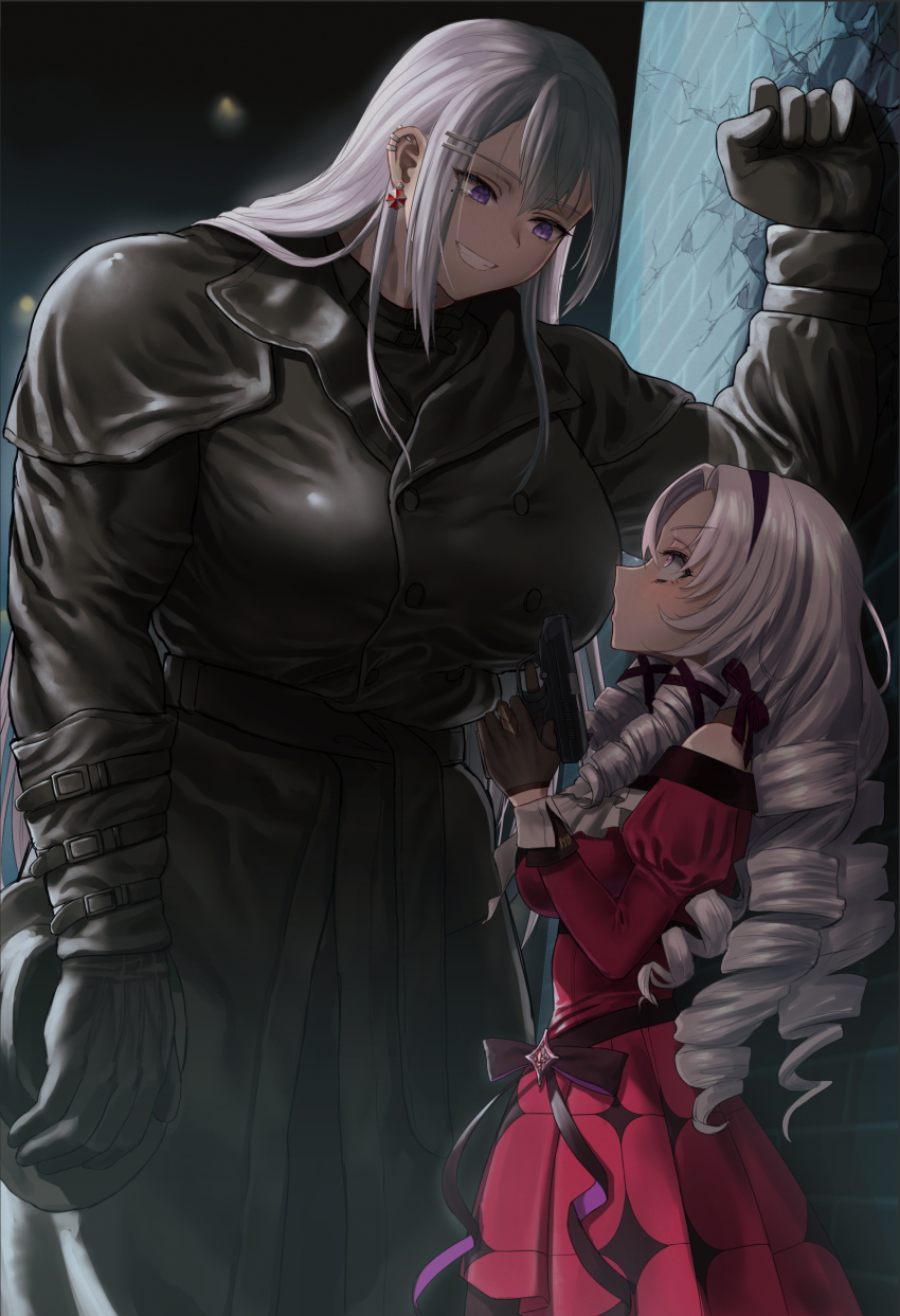 2girls, absurdres, black_coat, black_gloves, black_pants, black_shirt, bowler_hat, breasts