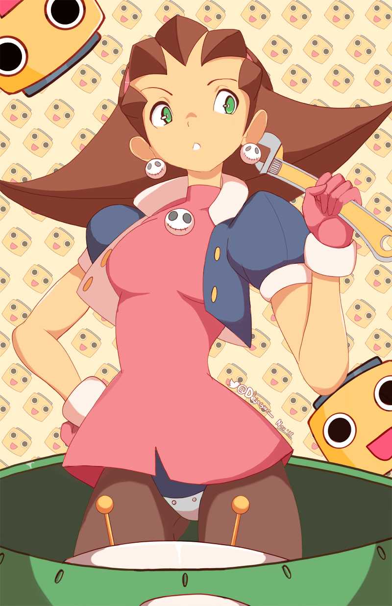 1girl, 2others, :o, artist_name, breasts, brown_hair, cropped_jacket, dated, dejaguar, earrings, gloves, green_eyes, hair_ornament, hair_pulled_back, hand_on_own_hip, head_focus, head_print, highres, jacket, jellcaps, jellcaps_(style), jewelry, looking_to_the_side, medium_breasts, mega_man_(series), mega_man_legends_(series), metal_panties, multiple_others, panties, pantyhose, pink_gloves, pink_shirt, print_background, puffy_short_sleeves, puffy_sleeves, servbot_(mega_man), shirt, short_sleeves, skirt, skull_earrings, skull_hair_ornament, tool, tron_bonne_(mega_man), underwear, wrench, yellow_background