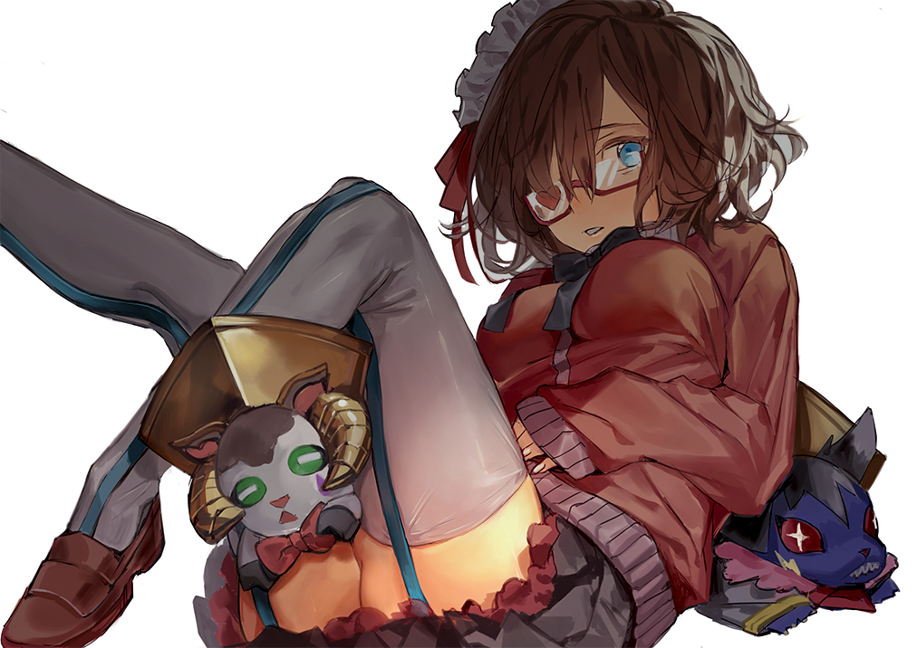 1girl, 2others, black_skirt, blue_eyes, brown_hair, glasses, hairband, jacket