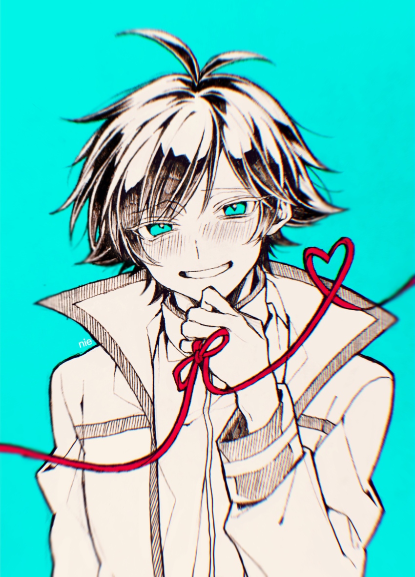 1boy, absurdres, antenna_hair, aqua_background, aqua_eyes, coat, head_tilt, heart