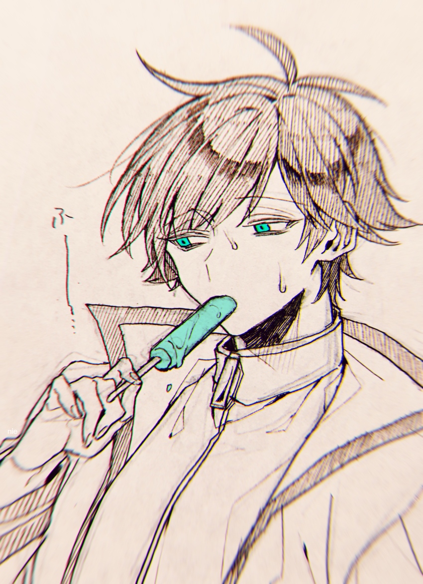 1boy, absurdres, antenna_hair, aqua_eyes, black_hair, coat, food_in_mouth, gloves