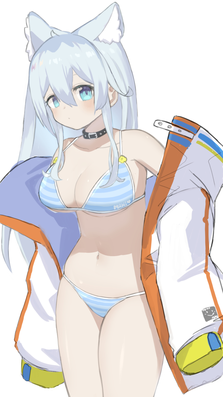 1girl, animal_ear_fluff, animal_ears, bikini, black_collar, blue_bikini, blue_eyes, blue_hair