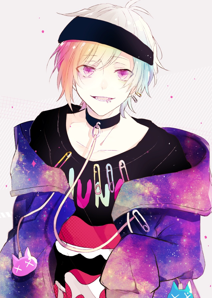 1boy, absurdres, androgynous, aqua_hair, black_choker, black_shirt, blonde_hair, blue_hair