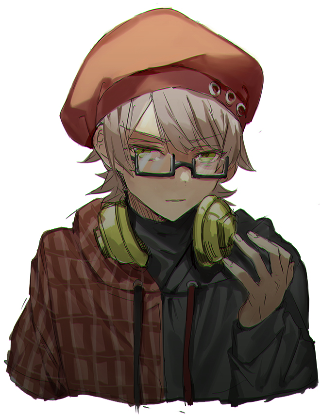 1boy, black_hoodie, closed_mouth, glasses, green_eyes, headphones, headphones_around_neck, hood