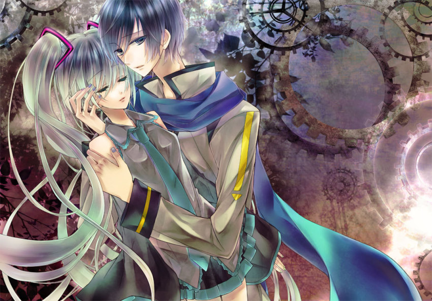 1boy, 1girl, aqua_hair, bad_id, bad_pixiv_id, blue_eyes, blue_hair, blue_nails