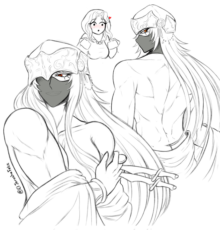 1boy, 1girl, absurdres, back, back_focus, blush, cleric, dagger, el_jarocho_feliz, fire_emblem, fire_emblem:_the_sacred_stones, fire_emblem_heroes, greyscale, hat, highres, holding, holding_dagger, holding_knife, holding_weapon, hood, joshua_(fire_emblem), joshua_(resolute_tempest)_(fire_emblem), knife, long_hair, male_focus, monochrome, muscular, muscular_male, natasha_(fire_emblem), nintendo, topless_male, veil, weapon