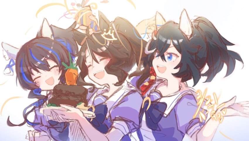 3girls, animal_ears, birthday, black_hair, blue_eyes, blush, bow, bowtie