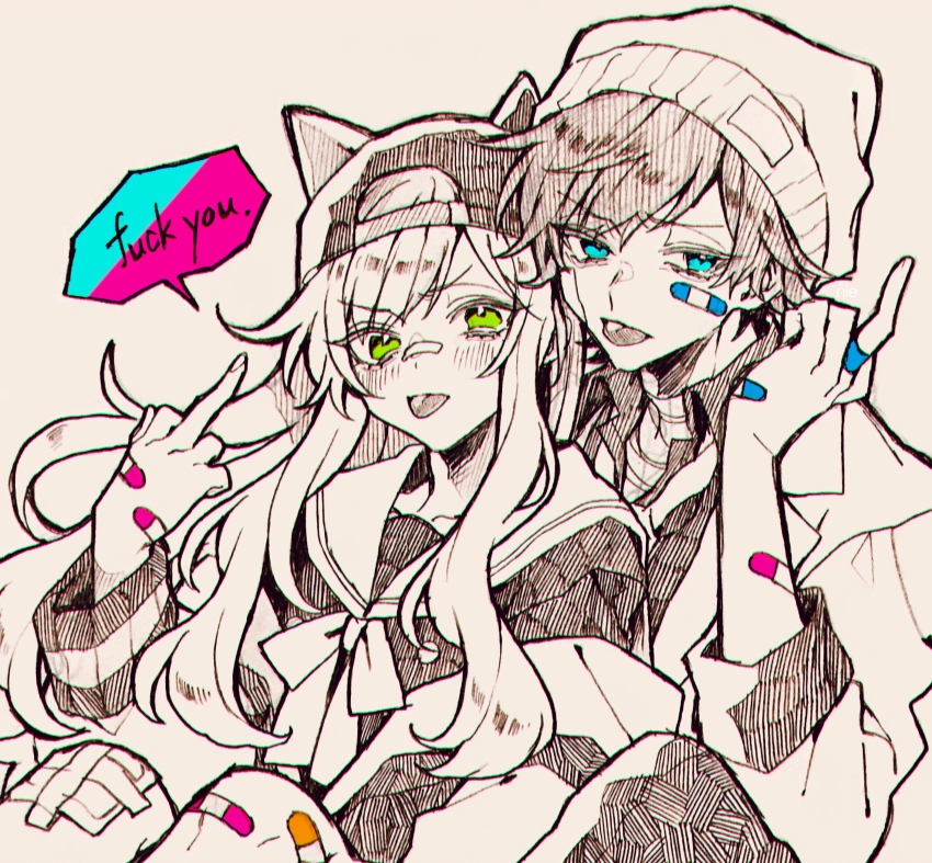 1boy, 1girl, absurdres, animal_ears, bandaid, bandaid_on_face, bandaid_on_hand, bandaid_on_neck