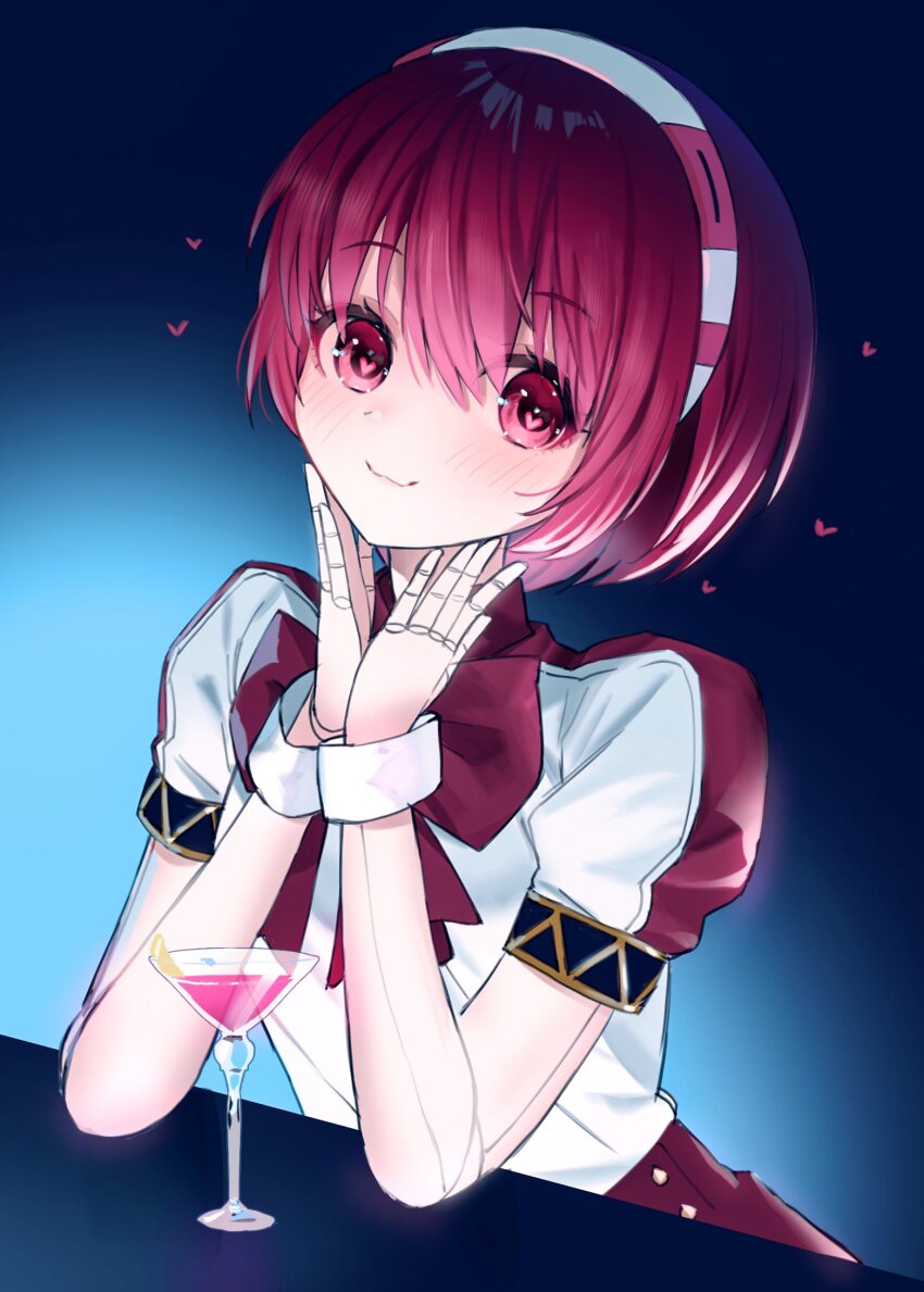 1girl, :3, android, blue_background, blush, bow, bowtie, closed_mouth