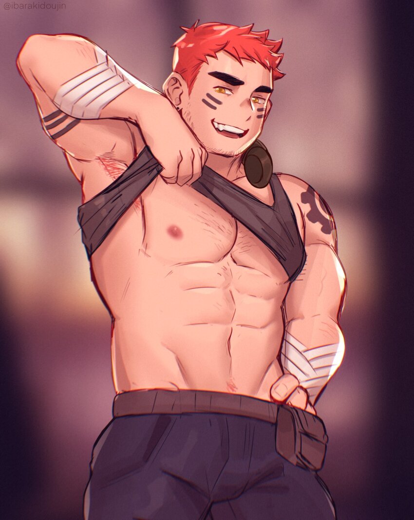 1boy, abs, arm_tattoo, bara, bare_pectorals, belt, black_tank_top, borrowed_character