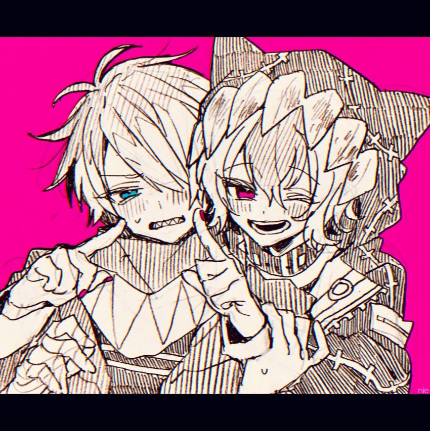 2boys, absurdres, angry, animal_ears, animal_hood, black_border, blue_eyes, blush