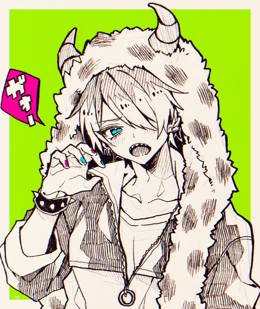 1boy, absurdres, blue_eyes, blue_nails, bracelet, crop_top, ear_piercing, fake_horns