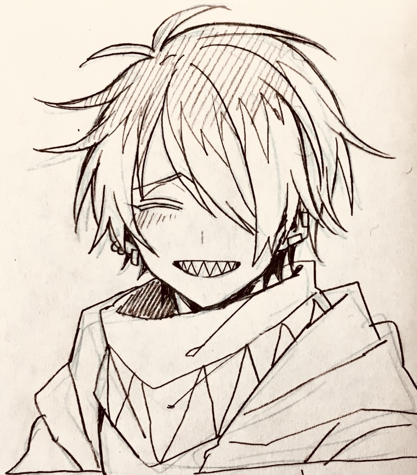 1boy, blush, closed_eyes, ear_piercing, highres, hood, hood_down, jacket