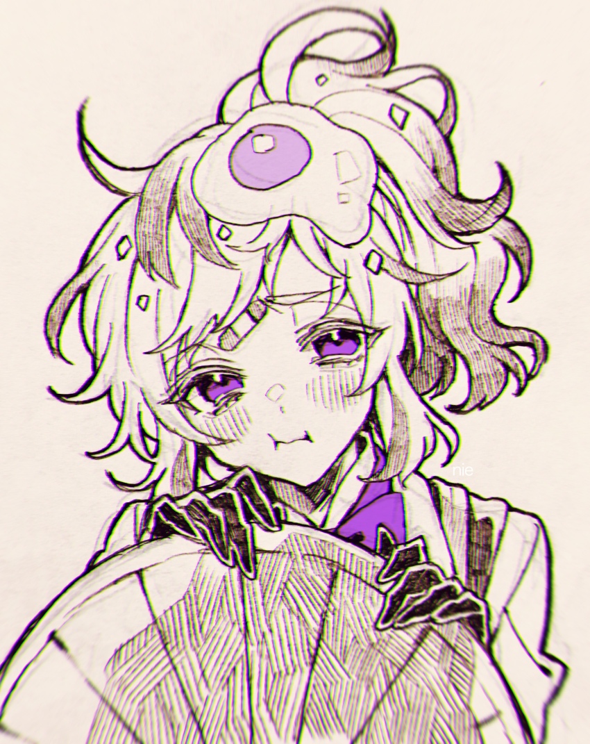 1girl, absurdres, black_gloves, blush, closed_mouth, collared_shirt, egg_hair_ornament, food-themed_hair_ornament