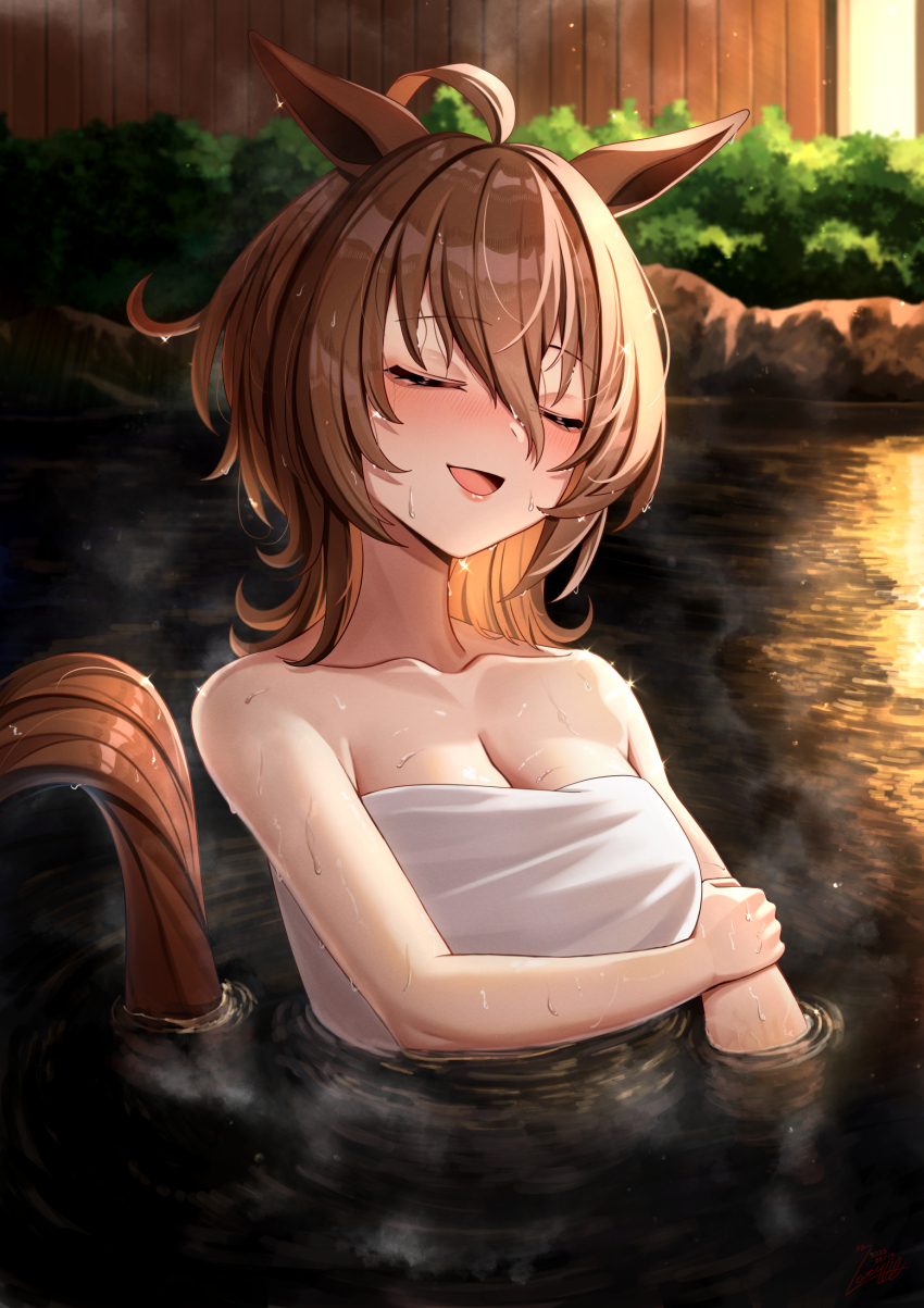 1girl, :d, agnes_tachyon_(umamusume), ahoge, animal_ears, bare_shoulders, bathing, blush