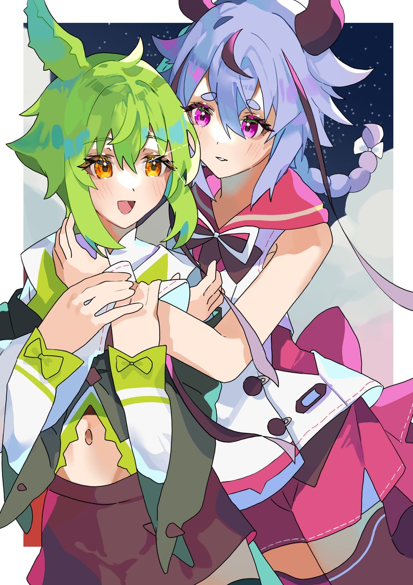 2others, blue_hair, blush, braid, couple, green_hair, hexadigital, hexadigital_(2nd_costume)