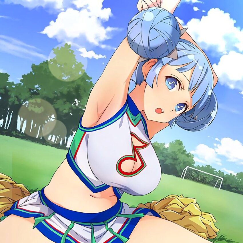 1girl, armpits, bad_link, bad_twitter_link, blue_eyes, blue_hair, blue_sky, blunt_bangs