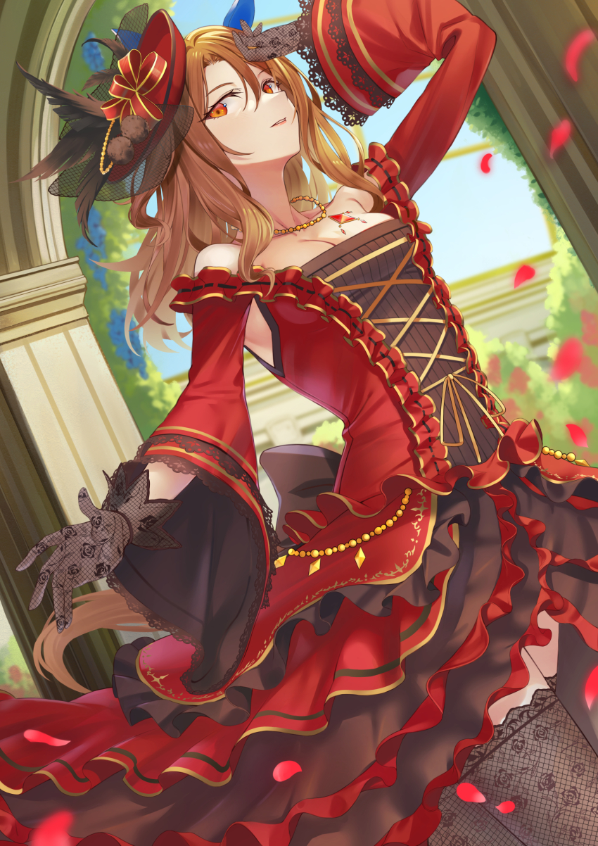 1girl, animal_ears, arch, arm_up, armpit_cutout, bare_shoulders, black_thighhighs, breasts