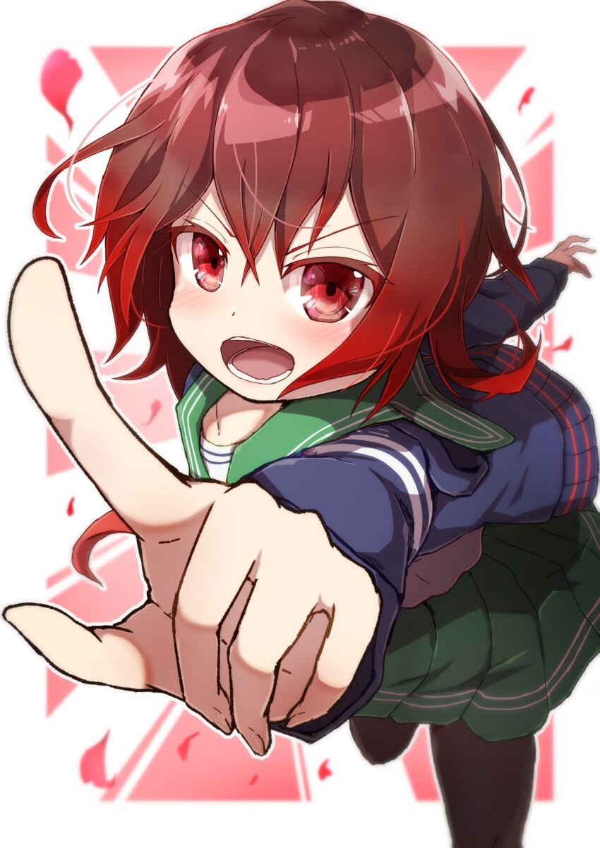 1girl, black_pantyhose, blue_jacket, brown_hair, foreshortening, gradient_hair, green_sailor_collar, green_skirt, highres, hoshino_oto, index_finger_raised, jacket, kantai_collection, multicolored_hair, mutsuki_(kancolle), mutsuki_kai_ni_(kancolle), neckerchief, pantyhose, pleated_skirt, red_hair, red_neckerchief, sailor_collar, school_uniform, serafuku, short_hair, skirt, solo
