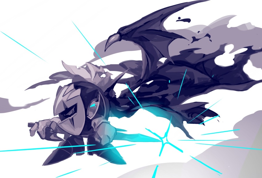 1boy, broken_mask, cape, commentary_request, dark_meta_knight, from_side, glowing, glowing_weapon